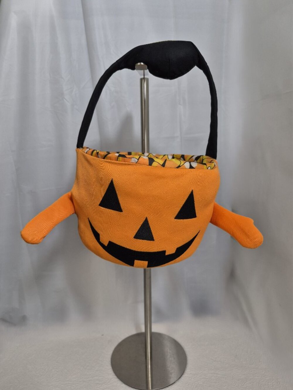 Flipeez Fabric Pumpkin Candy Basket Bucket Bag Orange Black Moving Arms 8"x6"